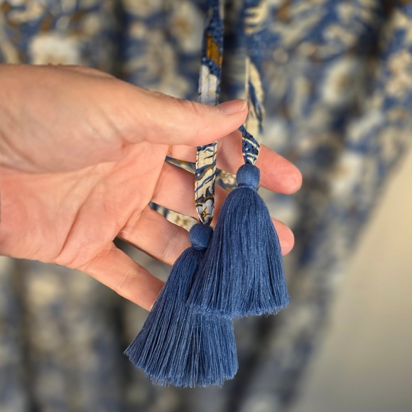 Veronica Beard Tinzia Floral Midi Dress Women Large Blue Boho Ruffle Tassels - Picture 6 of 13